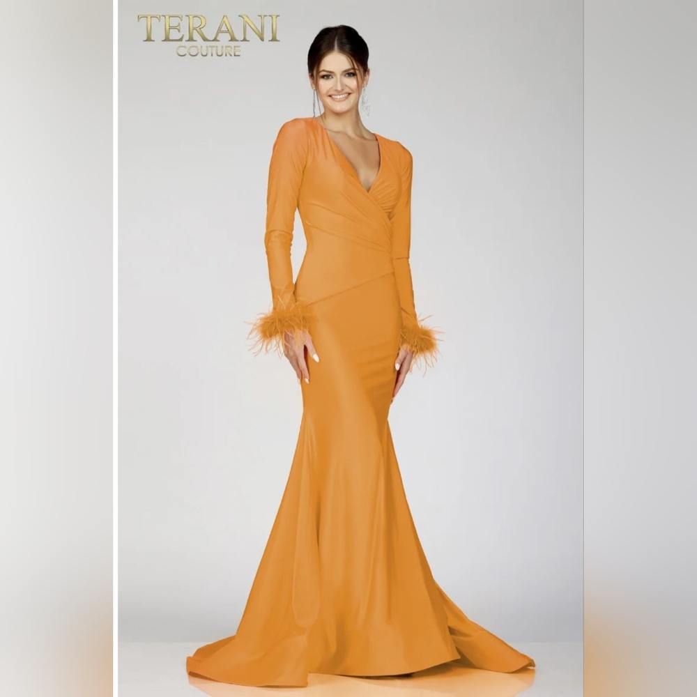 Terani Couture Vibrant Orange Long Sleeve Dress
